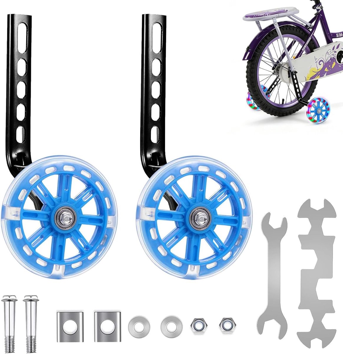 Kinderfiets 2 stuks universele steunwielen verstelbare hulpwielen veiligheidssteunwielen met Mute Flash wielen voor 12 14 16 18 20 inch Single Speed Bike (blauw)