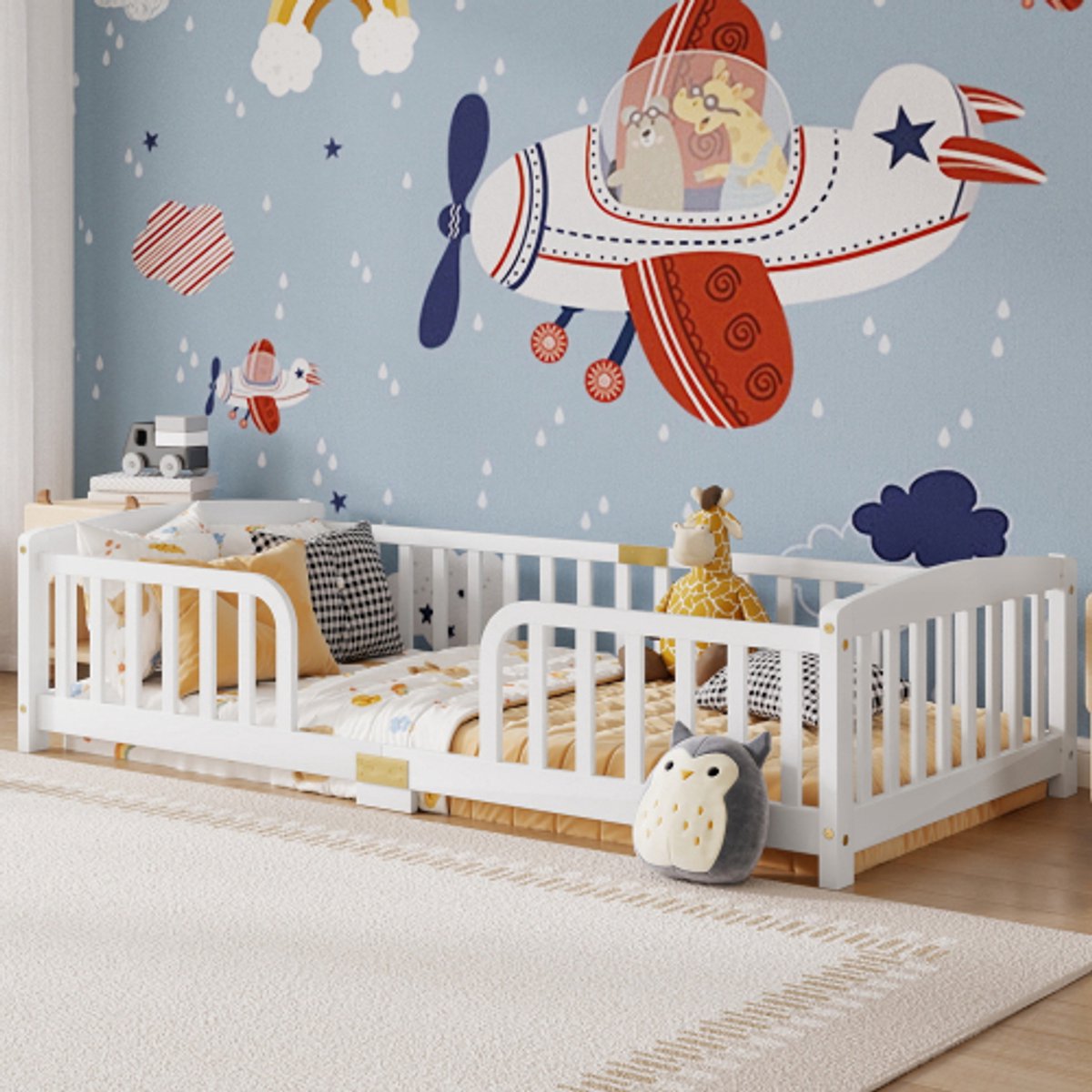Vloerbed 90x200 - Kinderbed met Valbeveiliging - Massief Grenenhout - Wit