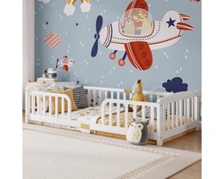 Vloerbed 90x200 - Kinderbed met Valbeveiliging - Massief Grenenhout - Wit