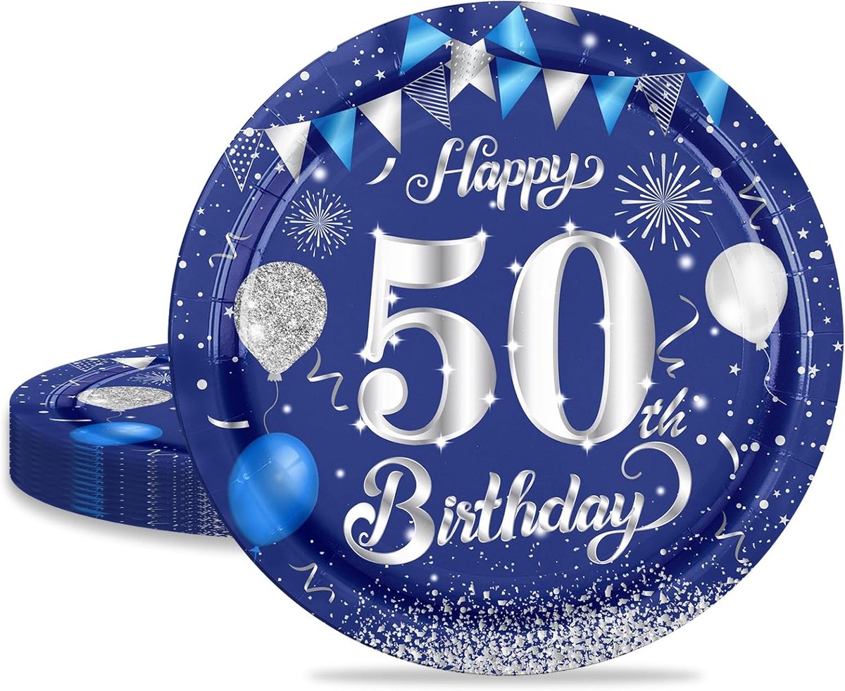 50e verjaardag papieren borden, 16 stuks blauw met zilveren papieren borden voor mannen en vrouwen 50e verjaardagsfeestje, 7 inch/18 cm papieren borden voor 50e verjaardag feestdecoratie