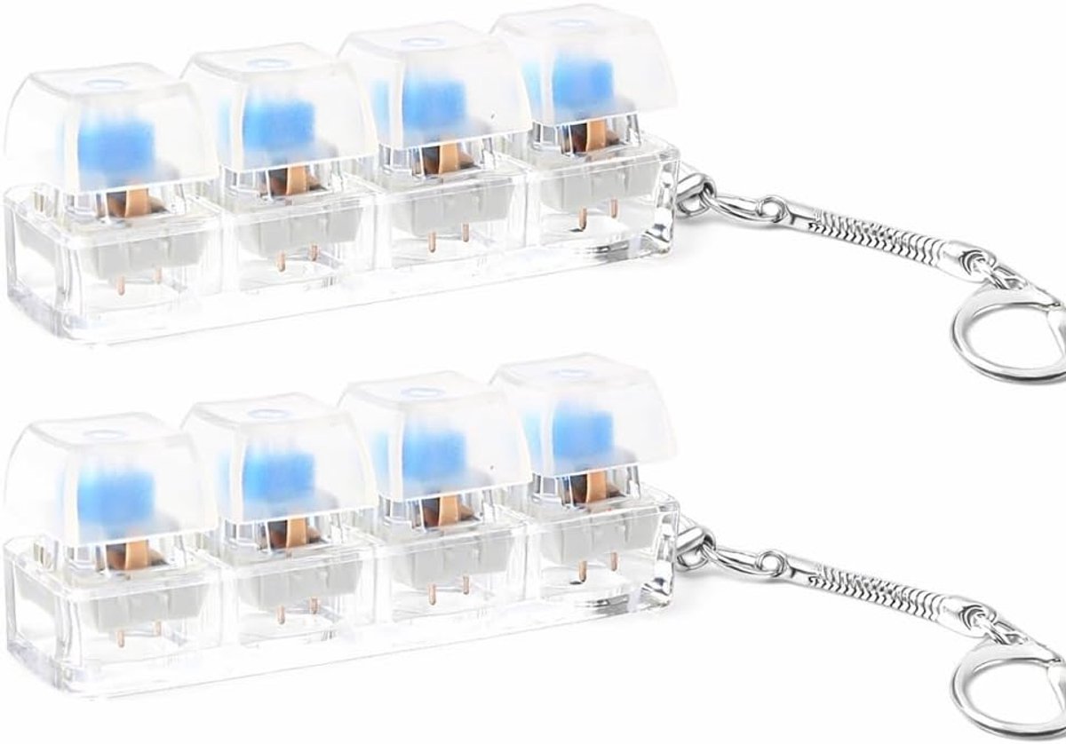 Set van 2 Mechanische Clicker Toetsenbord Fidget Sleutelhangers, Anti-Stress Mini Toetsenbord 4 Knoppen, DIY Keycaps met Haakje 15+ (Transparant)