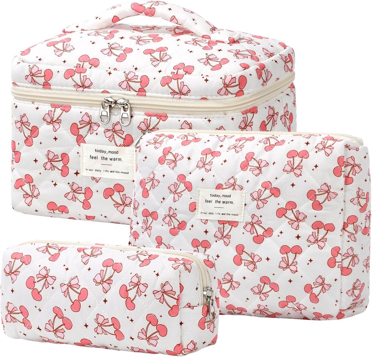 Cosmetische tas, 3-delige set, toilettas voor dames met bloemenpatroon, gewatteerde toilettas, draagbare make-uptas voor reizen en dagelijks gebruik