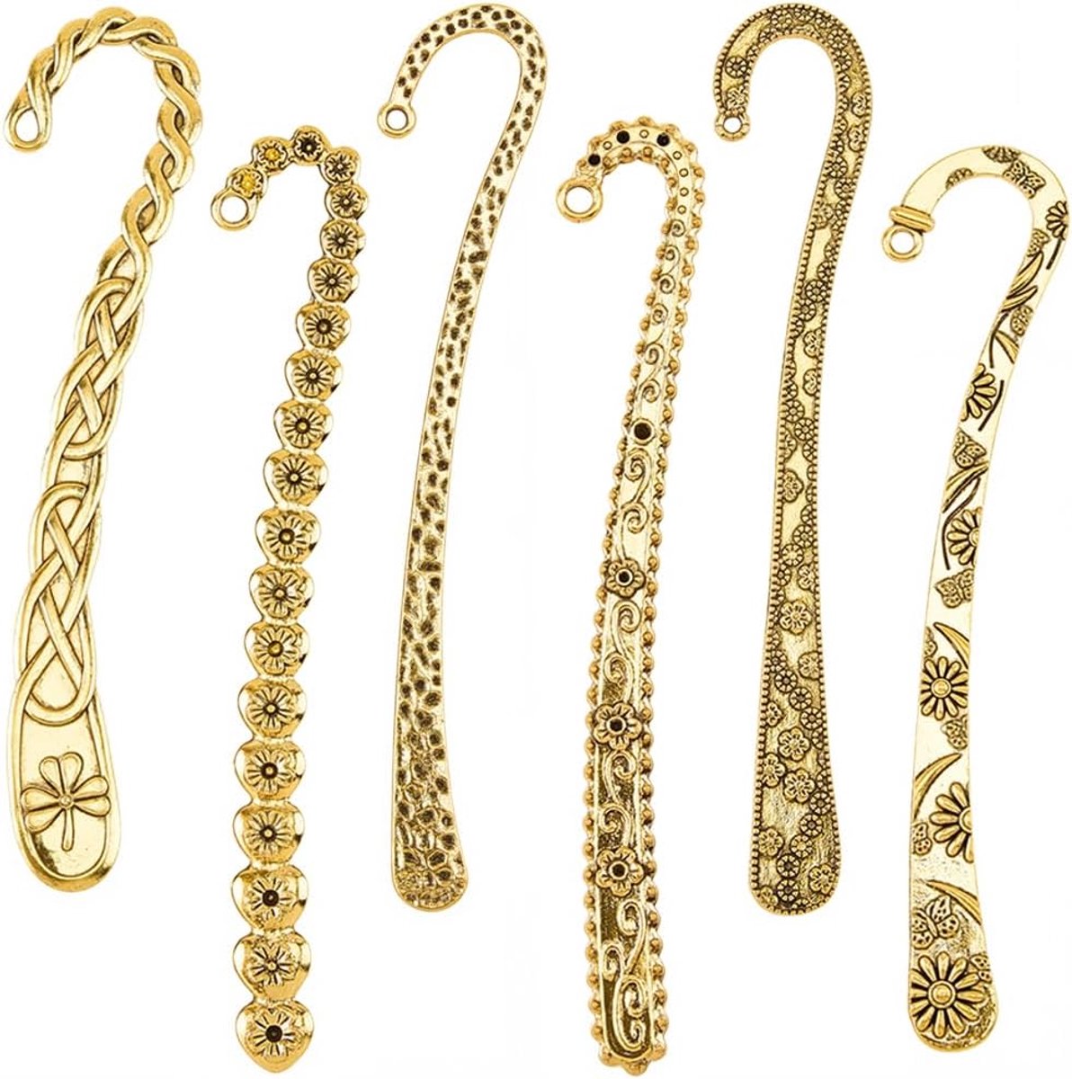 12 Stuks 6 Stijlen Metalen Bladwijzer Haarspeld Haak Boek Mark Legering Vintage Antiek Goud Bloem Gesneden Bladwijzers Bevindingen met Gat Boek Marker Blank voor Ambachten Leraar Lezen