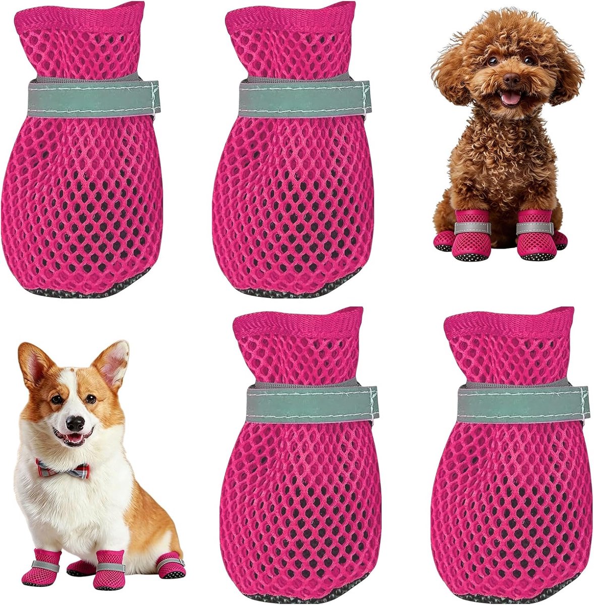 Schoenen, 4 stuks, ademende pootbescherming, hondenschoenen, antislip hondenschoenen, zomer, zomer, verstelbare hondenlaarzen, voor warme zomervloeren, kleine honden (L)