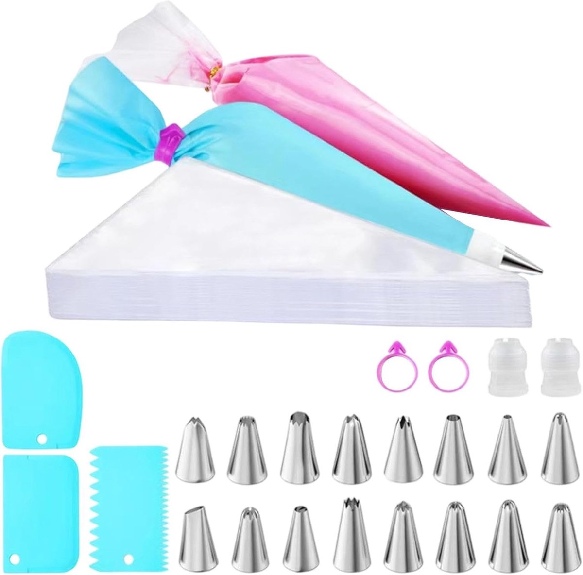 Spuitzakken En Spuitmondjes Set 16 Stuks Dessert Decoratie Spuitmondjes | 100 Stuks Scheurvaste Spuitzakken met 3 Schrapers, 2 Koppelstukken en 2 Sluitclips voor Bakken, Cupcakes, Koekjes, Dessert