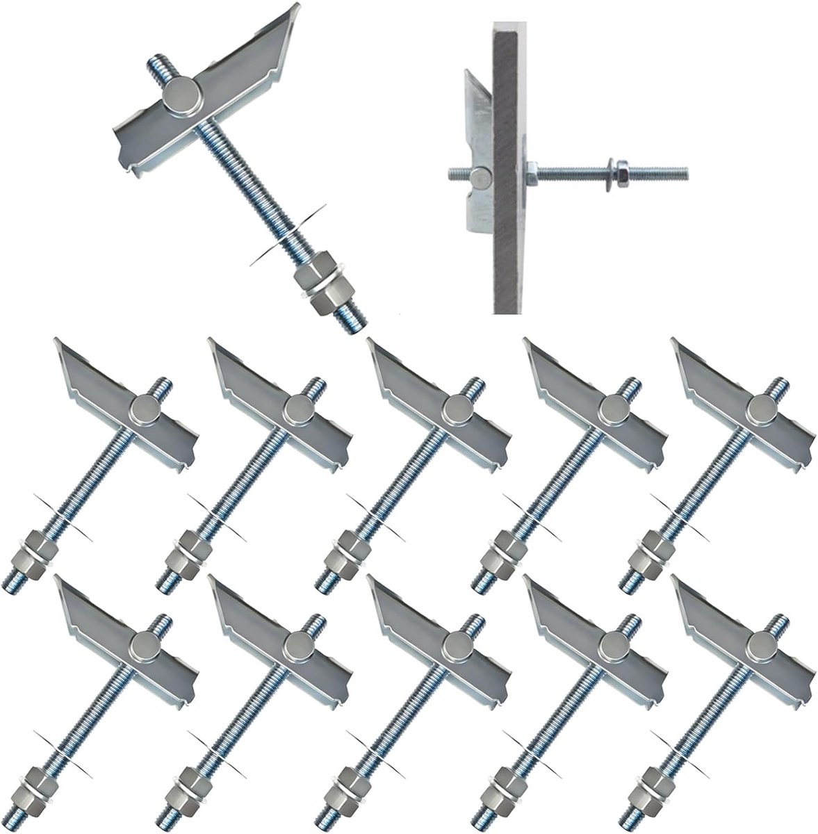 11 stuks zwaar gewicht kantelpluggen van verzinkt koolstofstaal, M8 x 100 mm gipsplaatpluggen, klappluggen voor het ophangen van zware voorwerpen op gipsplaten voor gordijnplank, gipsplaten
