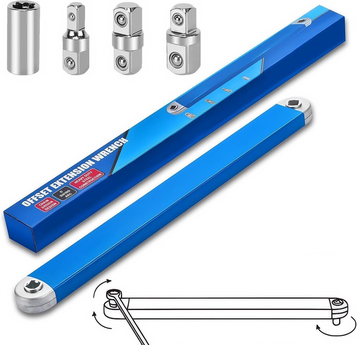 5 stuks gebogen verlengsleutels, sleutelverlenging met adapters 1/4", 3/8", 1/2", ratelverlenging 39 cm, offset verlengsleutel voor krappe ruimtes, autoreparatie en doe-het-zelfprojecten