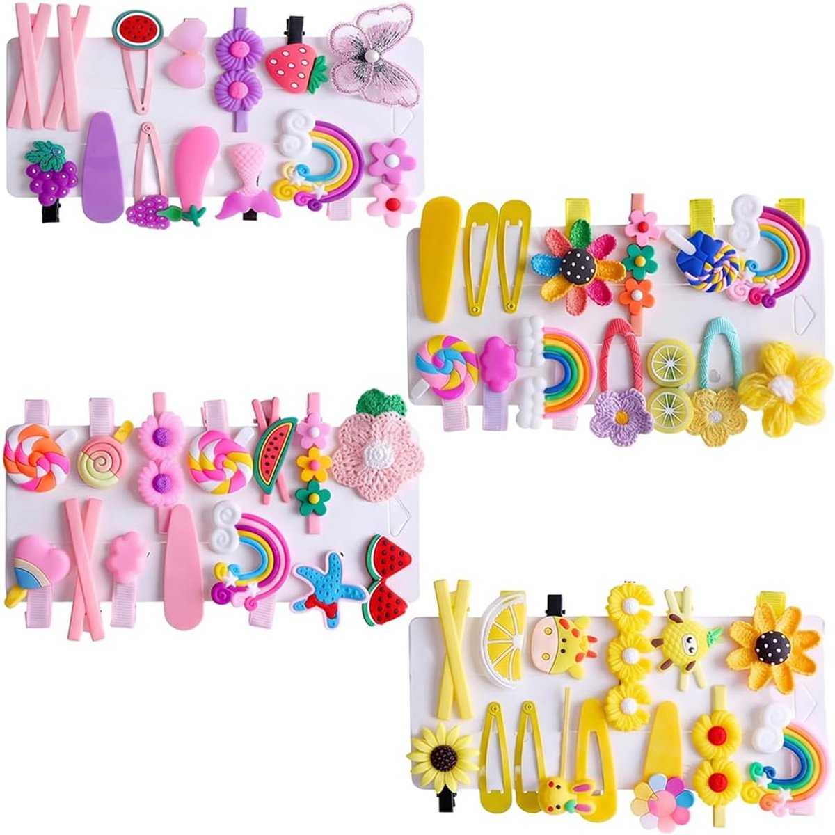 Haarspeldenset voor meisjes, 56 stuks, kleurrijk | bloemen, fruit, regenboog, snoep en desserts, schattige dieren, antislip metalen drukknopen
