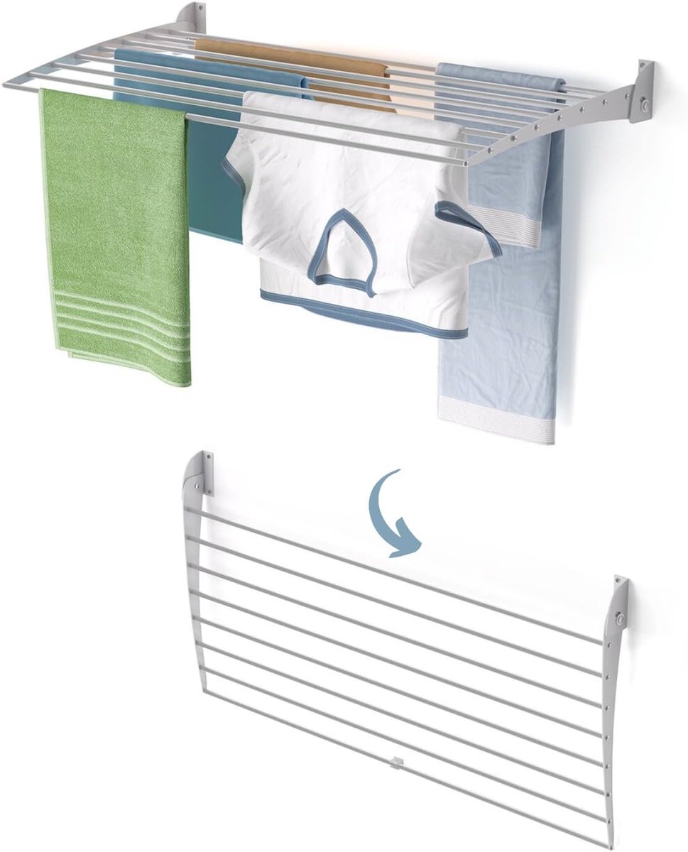 Fold, wanddroogrek, inklapbaar ruimtebesparend, 102 cm | van aluminium en roestvrij staal, neerklapbaar, roestvrij, voor terras en balkon, draagt 10 kg, grijs