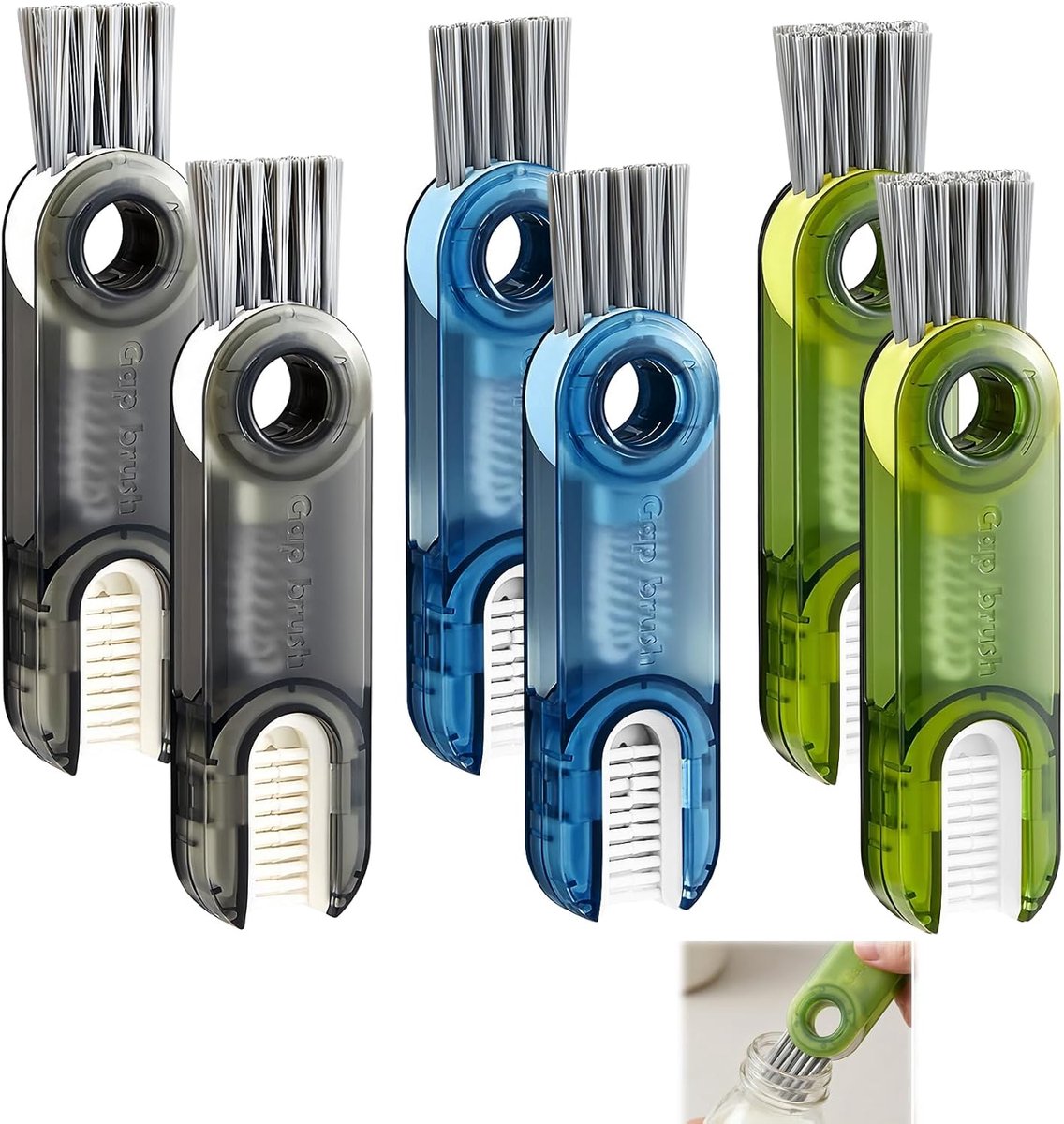 3-in-1 reinigingsborstel, 2 stuks, voor flessen en kopjes, 360° rotatie, gespecialiseerde koppen, compact