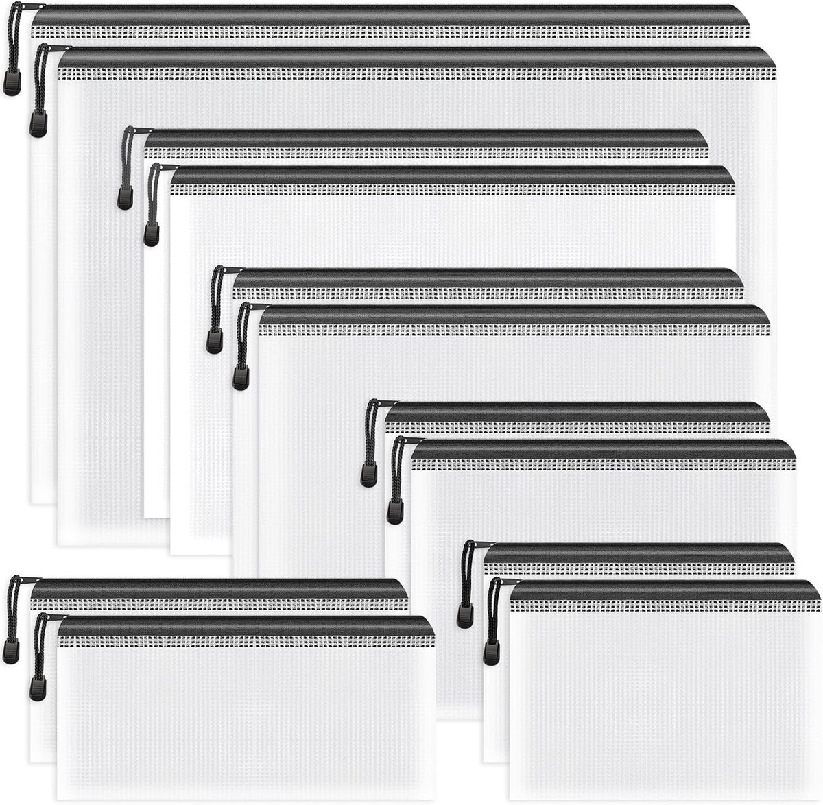 Zwarte documentenvakken, A3+A4+A5+A6+B4+B6, 12 stuks, waterdichte documentenvakken, met ritssluiting, kunststof bestandsvakken voor documenten, papier, school, cosmetica, reizen (6 maten)