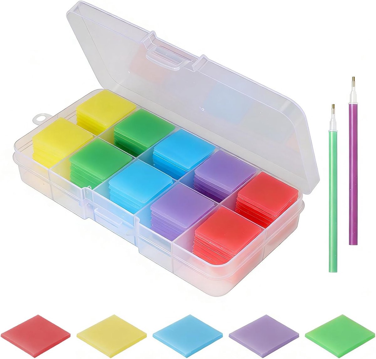 100 stuks diamantschilderijwas, 2 × 2 cm, met 2 diamantschilderstiften, doe-het-zelf schilderij-lijm, kleiset met organizer-doos, 5 kleuren wax voor diamond painting