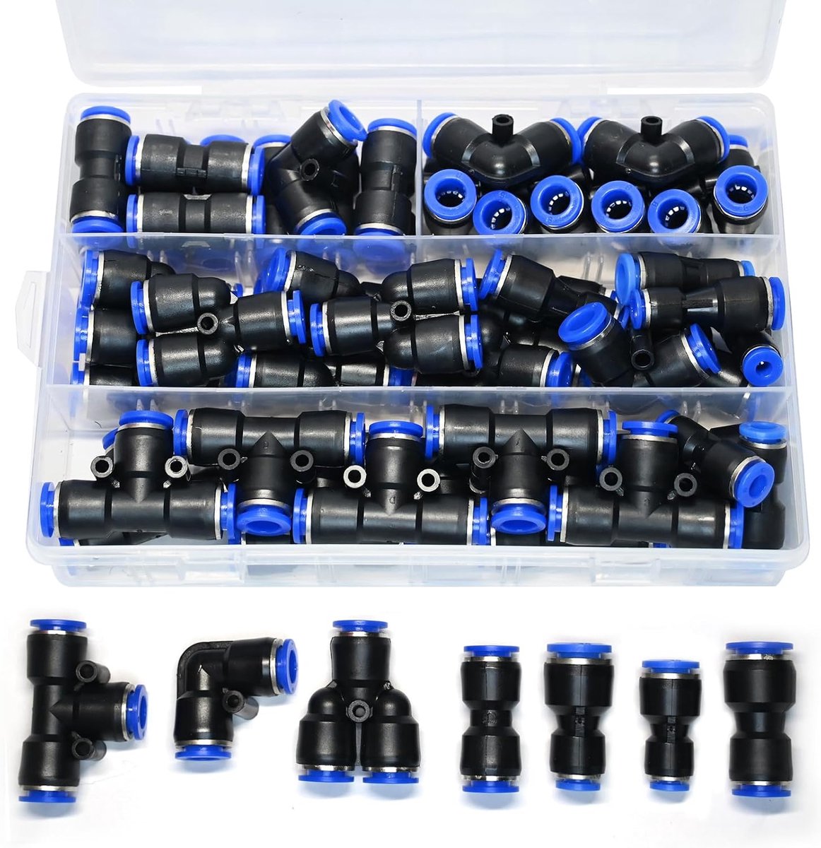 Set van 46 pneumatische snelkoppelingen van 6 mm – Recht, gebogen, T-vormig, Y-verdelers en reducers – Connectoren voor luchtslangen voor PU/Nylon/PE buizen