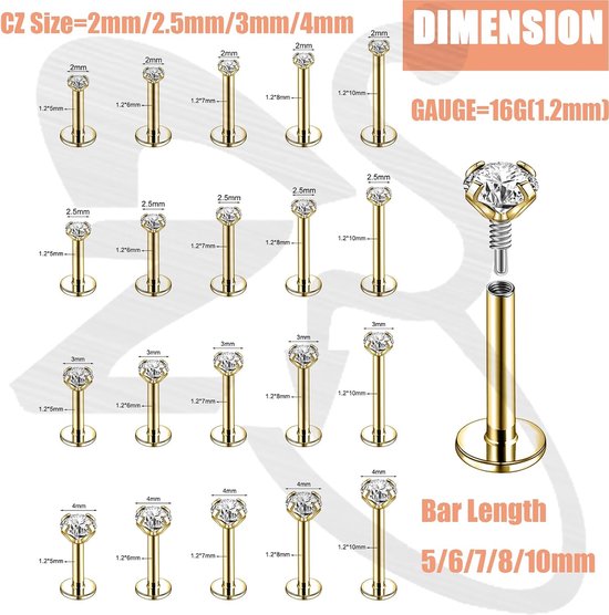 1 Paar 316L Roestvrij Staal Labret Lip Stud, Interne Draad Philtrum Ashely Sieraden CZ Tragus Helix Neus Neusgat Piercing 16G Platte Terug Oorbellen Studs voor Vrouwen Mannen — afbeelding 4