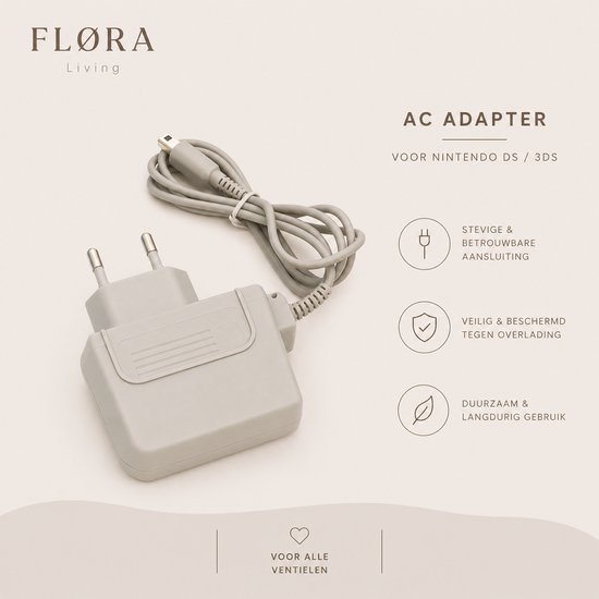 Grijze AC adapter voor Nintendo DS / 3DS. Stevige & betrouwbare aansluiting.
