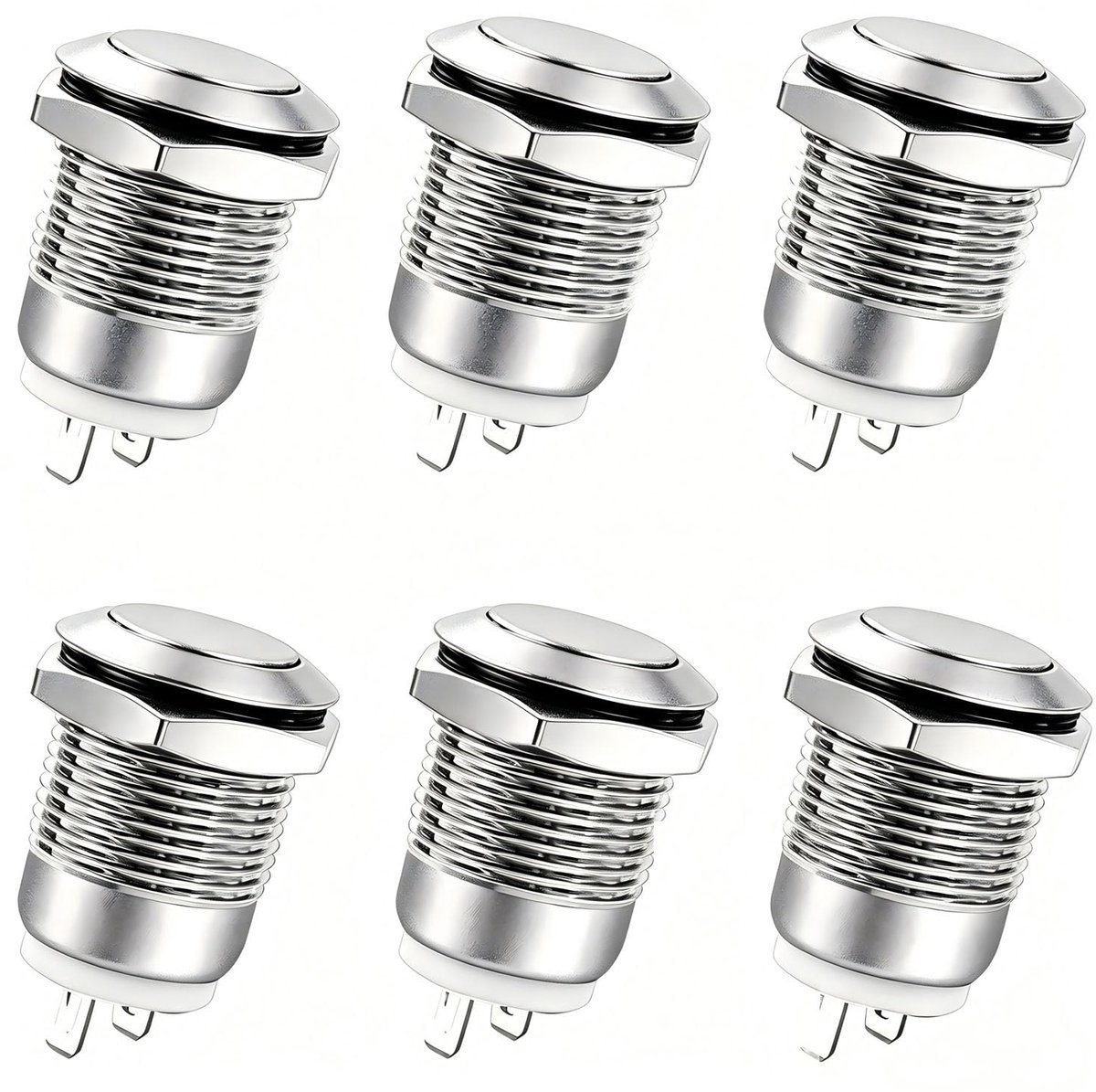 6 stuks 12 mm ronde momentane drukknopschakelaar, 2-polig, N/O, roestvrij staal, 12 V metalen waterdichte drukknopschakelaar (platte kop)
