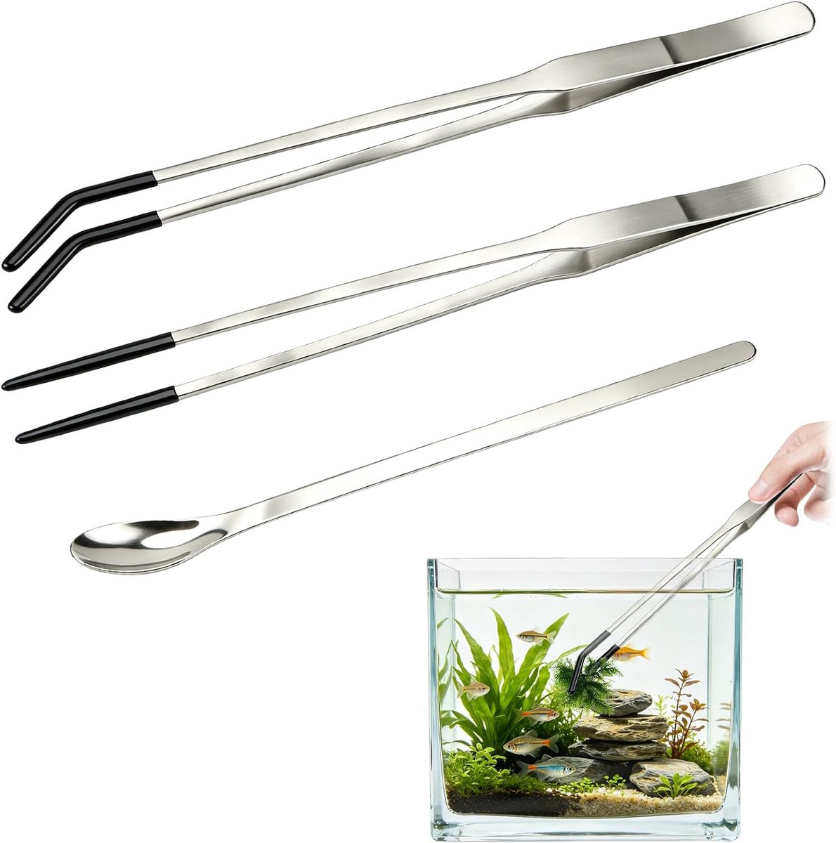 27 cm roestvrij stalen aquariumpincet, voerlepel, 3 stuks lange voertang | Reptielen voederpincet met rubberen kop, lange aquariumpincet voor hagedissen, waterplanten, plantenpincet