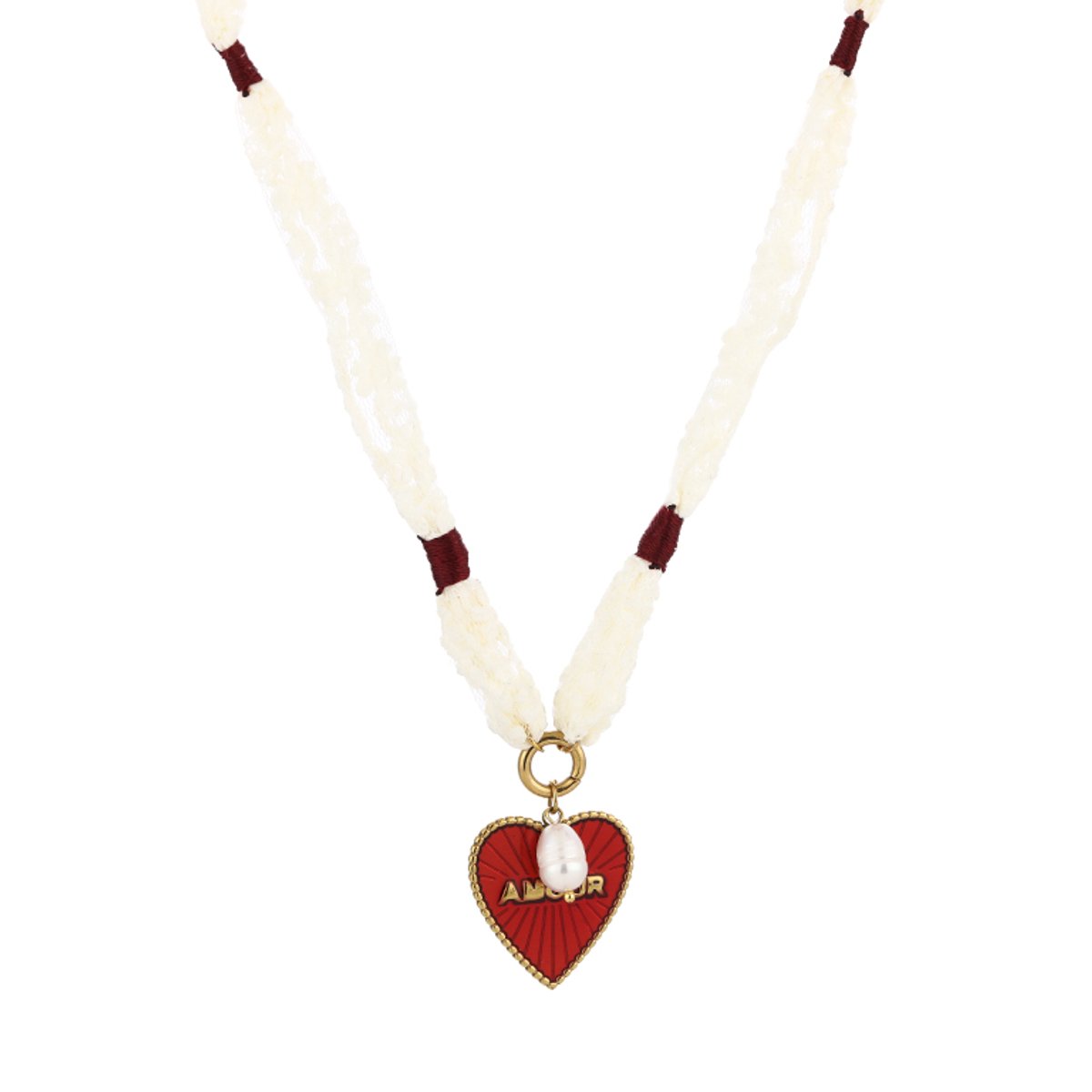 Gevlochten Stoffen Ketting met Amour Hartbedel – Bedelketting strand - beach – RVS - Wit