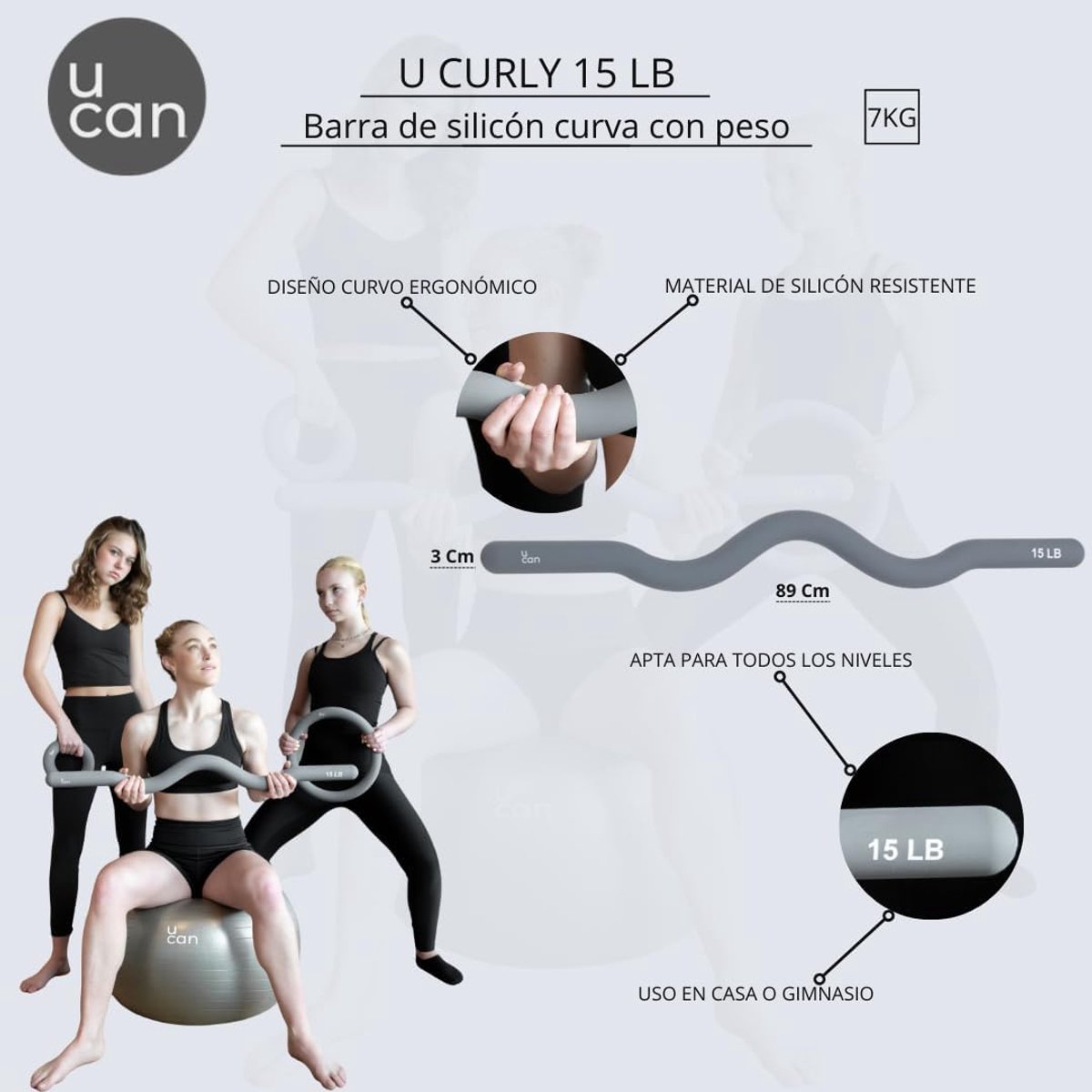can - Gebogen gewichtsstang van siliconen, ergonomische stang voor krachttraining en pilates, ideaal fitnessaccessoire voor toning en uithoudingsvermogen