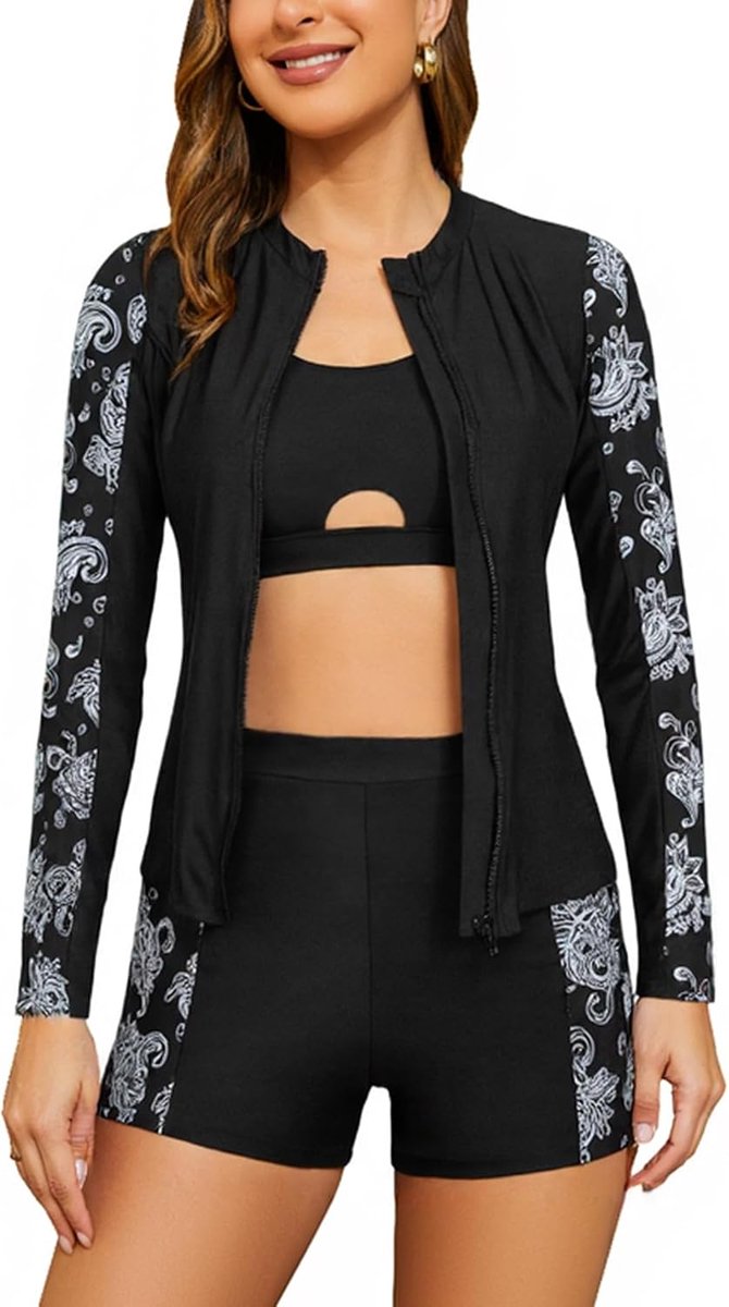 Rashguard tankini-set voor dames, lange mouwen, zwemshirt met ritssluiting, bikinitop, zwemshorts