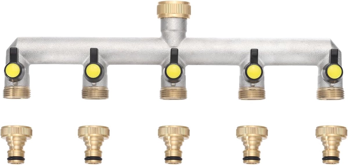 5-Weg Waterverdeler, Waterkraanverdeler Adapter met Zwart Individuele Afsluiter en Waterkraan, Waterdoorstroming Regelbaar en Afsluitbaar voor Huis Tuinslangen