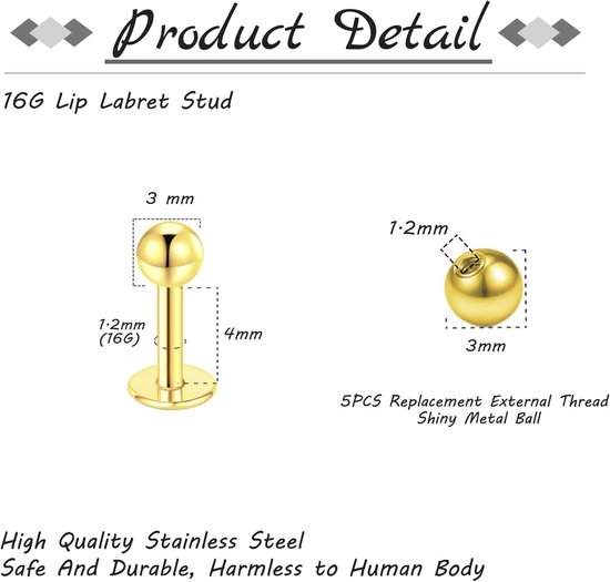 Studs Labret Bars Rvs 6-12mm Zilver Goud Zwart Helix Tragus Stud Piercing Sieraden, 4mm, Roestvrij staal — afbeelding 2