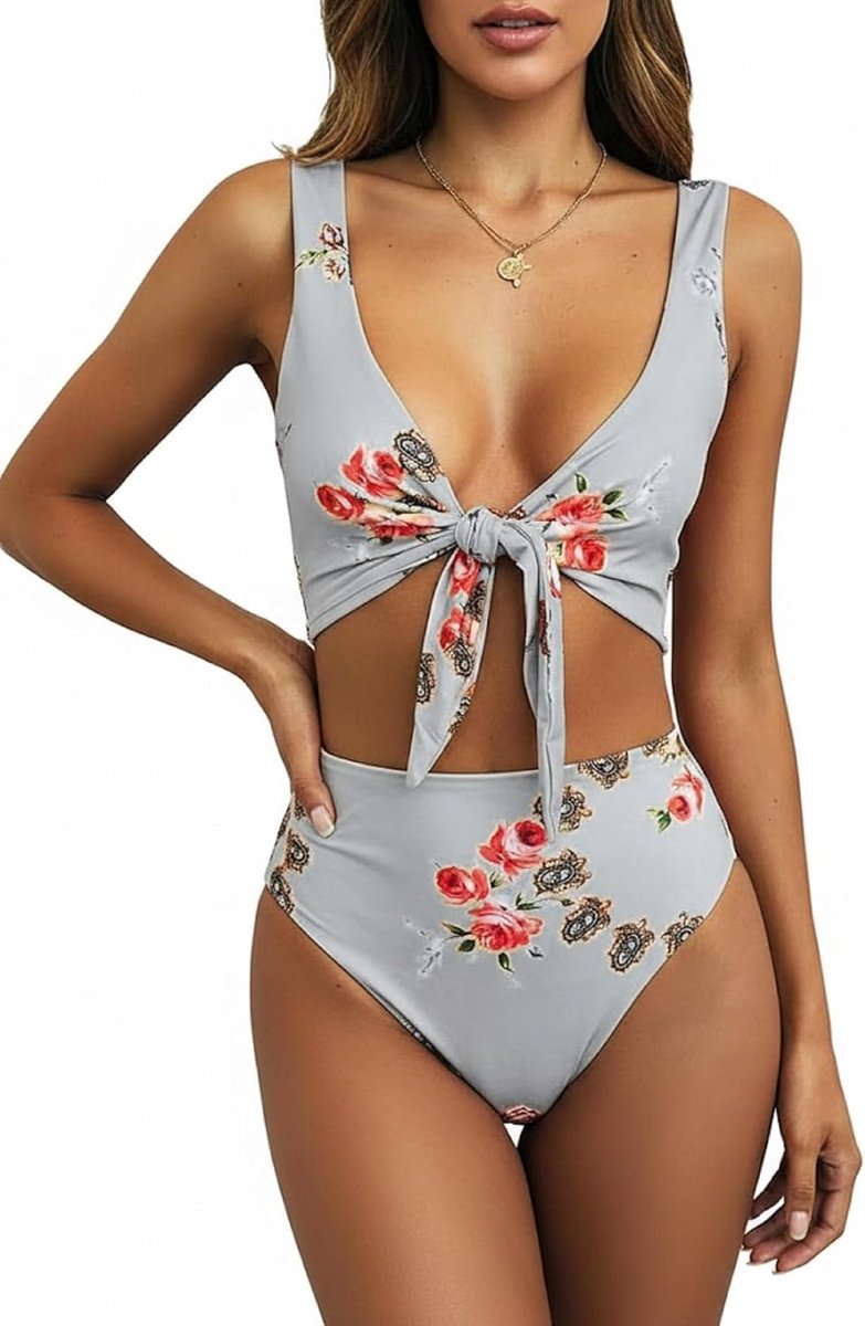 badpak voor dames – bikini – top – slip – zee – badmode – meisjes – hoge taille – patroon – bloemen – kleur grijs