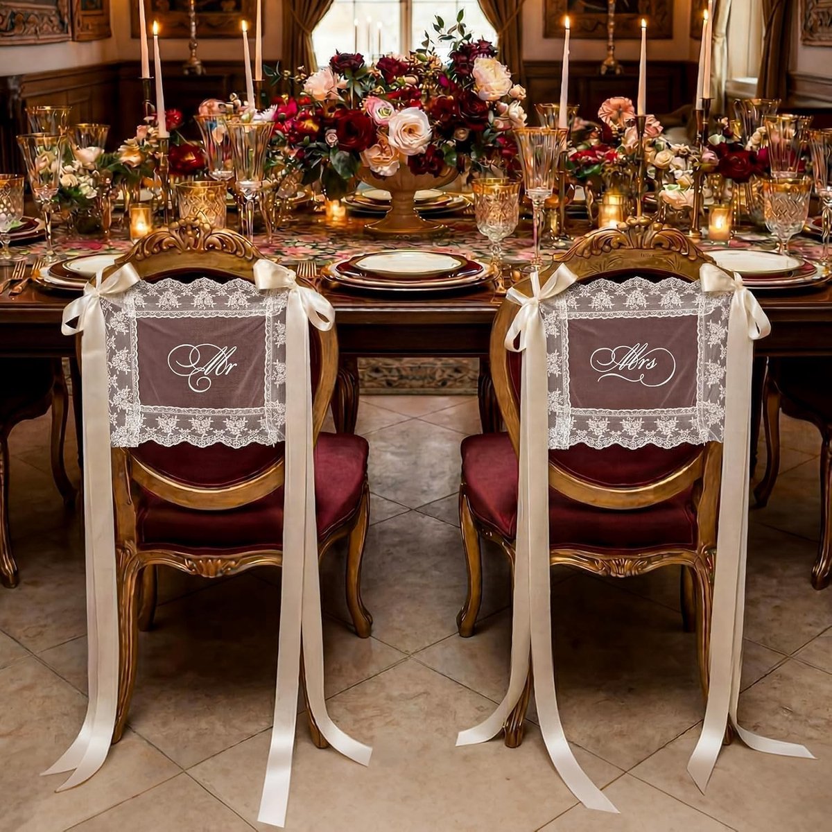 Signs Mr Mrs Stuhldeko Bruiloft Set 1 Paar Met Satijnen Linten Tule Witte Stoelhoezen Kant Stoeldecoratie Bruid Bruidegom Stoelbanners Foto Accessoires
