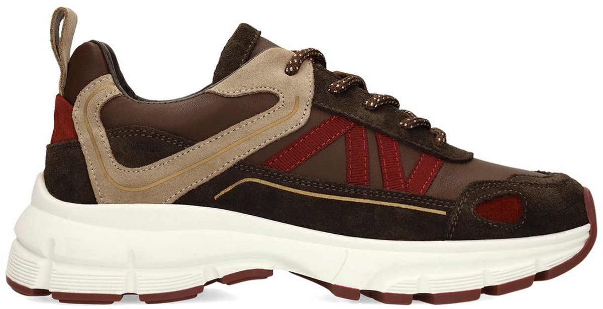 Manfield - Dames - Donkerbruine leren sneakers met suède details - Maat 39