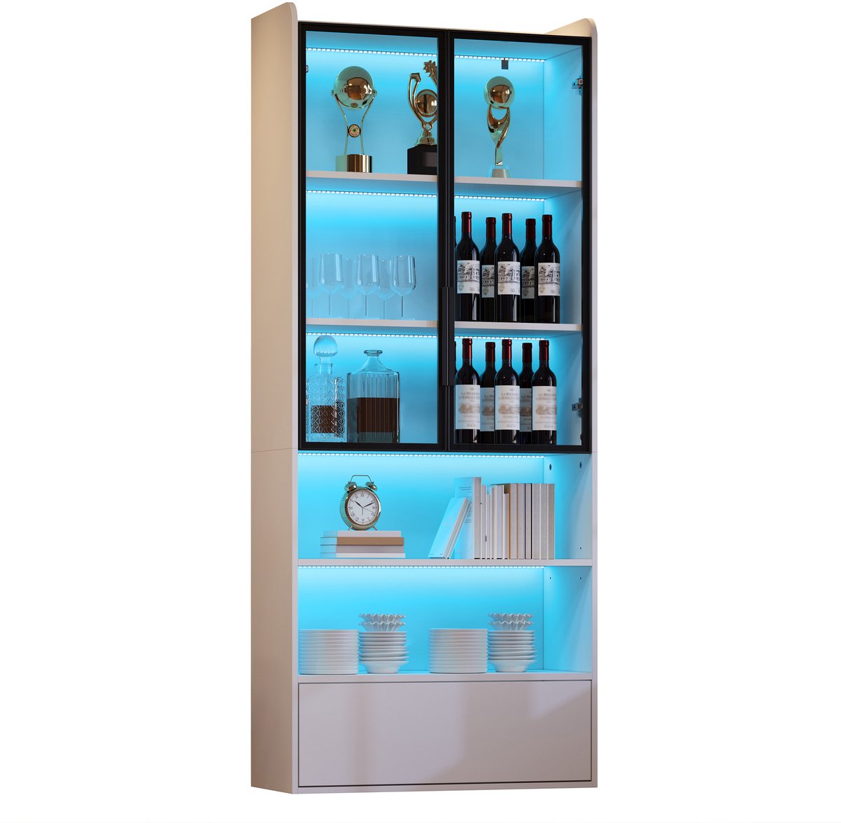 COVREO Vitrinekast 80 x 34 x 180 cm – wit MDF met glasdeuren, 1 lade en LED-verlichting