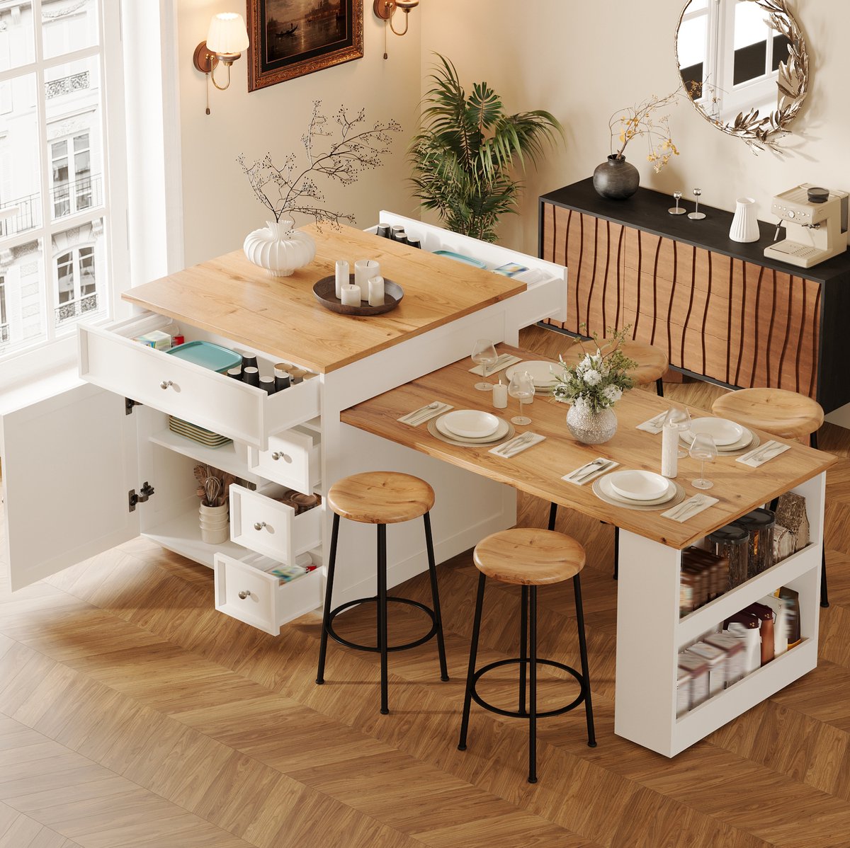 COVREO Keukeneiland 120-184x70x94 cm – wit MDF met houtlook blad, 5 lades en wielen White