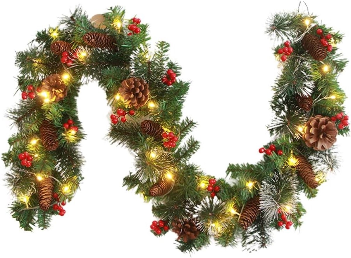 Kerstdecoratie met verlichting, 50 LED-lampen, kunstdennenappels en bessen voor trapleuningen en schoorsteenmantel (1,8 m)