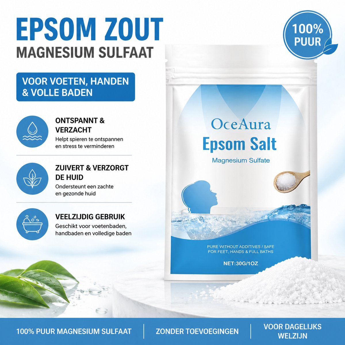 OceAura Beauty - Natuurlijk Badzout - Zuiver Magnesium Sulfate voor Voetbad & Handbad - Exfoliëren, Ontspannen & Huid Verzorging - Alle Huidtypes - 30g