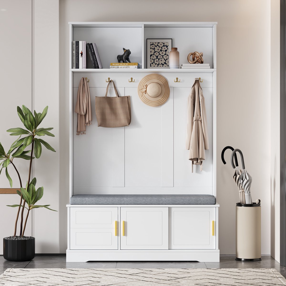 COVREO Kledingrek 120x40x191 cm – wit, spaanplaat, met schoenenbank en 6 drievoudige haken