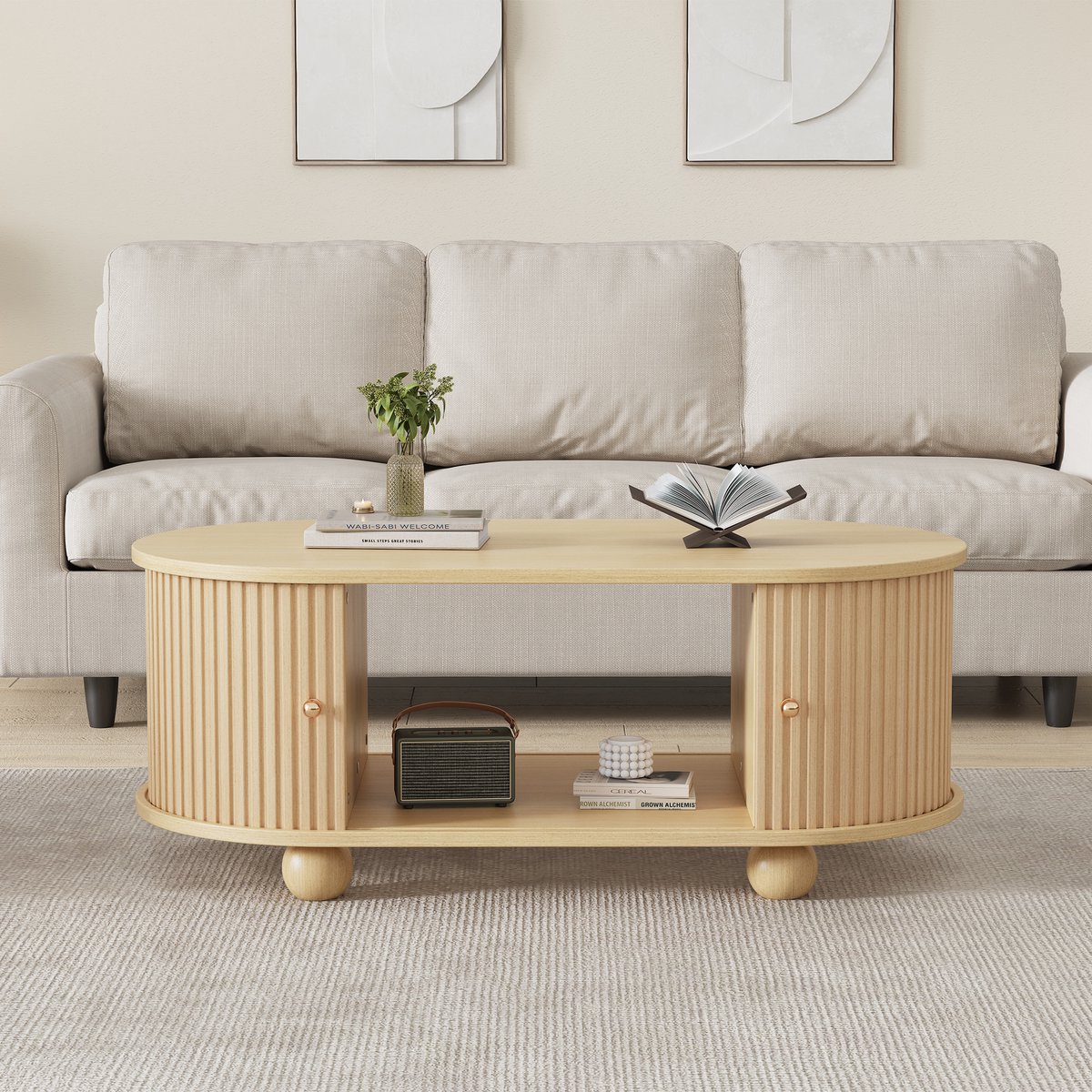 COVREO Salontafel 100 x 50 x 40 cm houtkleur MDF met opbergruimte en schuifdeuren