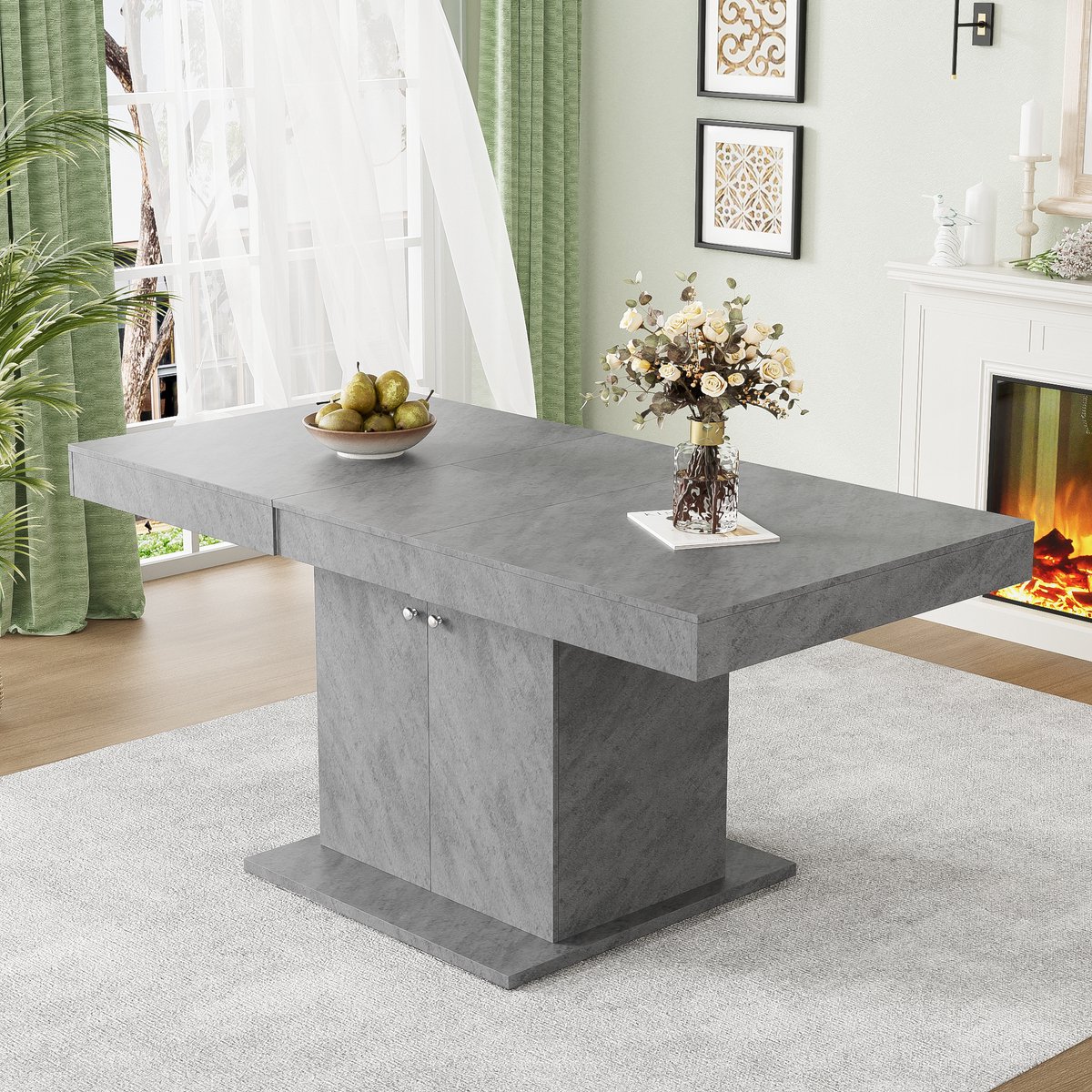 COVREO Eettafel 140/180x80x76 cm – grijs, uitschuifbaar, met opbergruimte