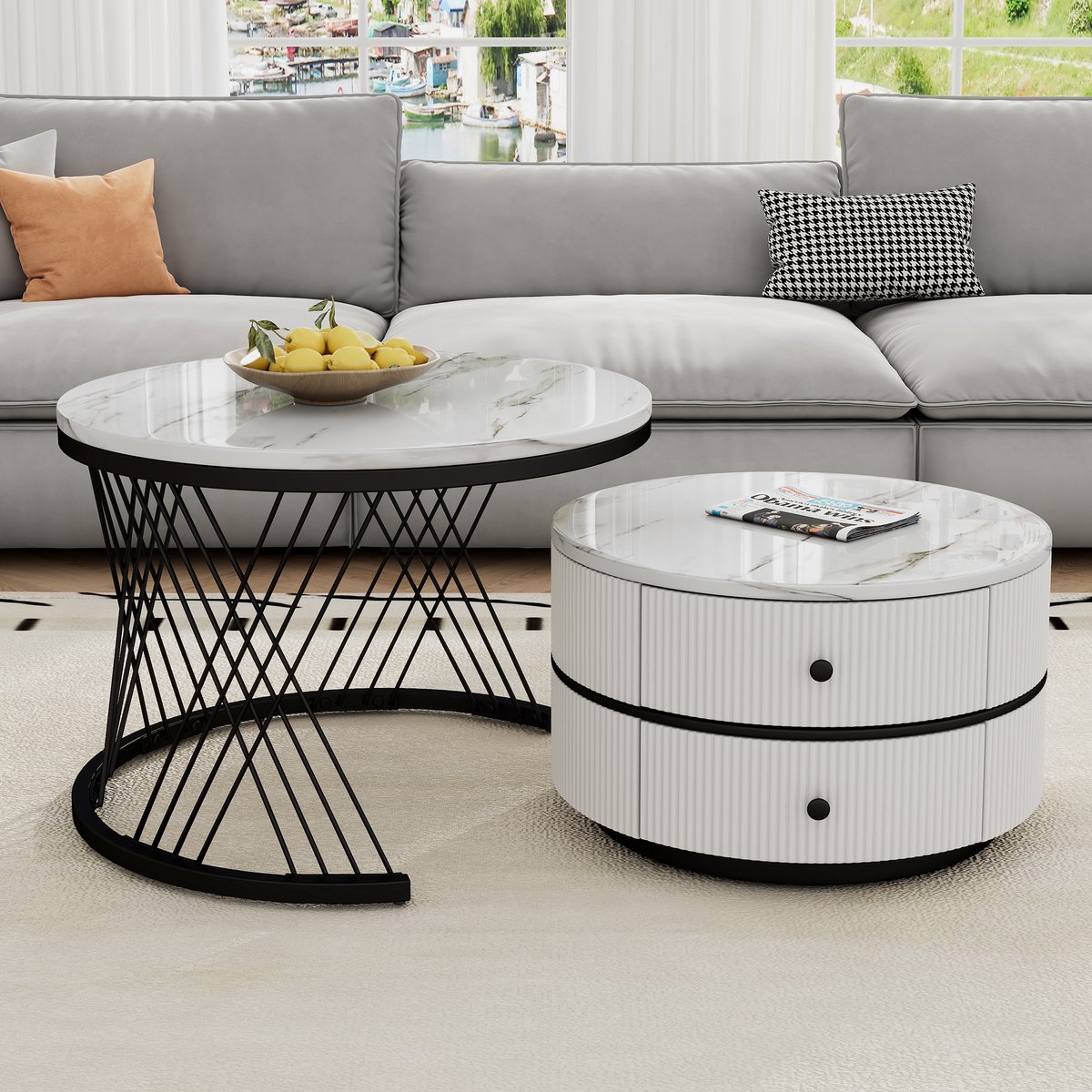 COVREO Salontafel set 60x60x46 cm en 50x50x31 cm - wit, marmerlook fineer, 2 lades