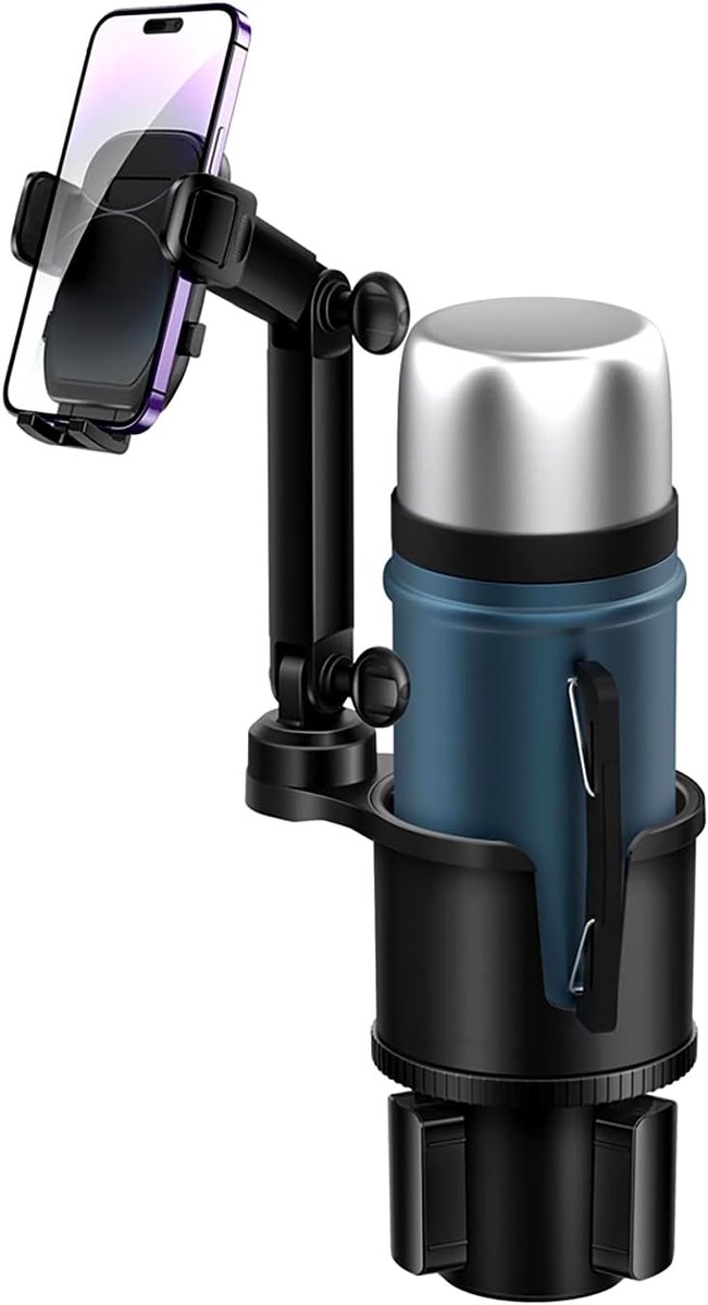 KZQ 2-in-1 telefoonhouder voor auto met bekerhouder - 360° draaibaar met verlengde arm - Universele houder voor smartphones - Passend voor de meeste auto's - Zwart