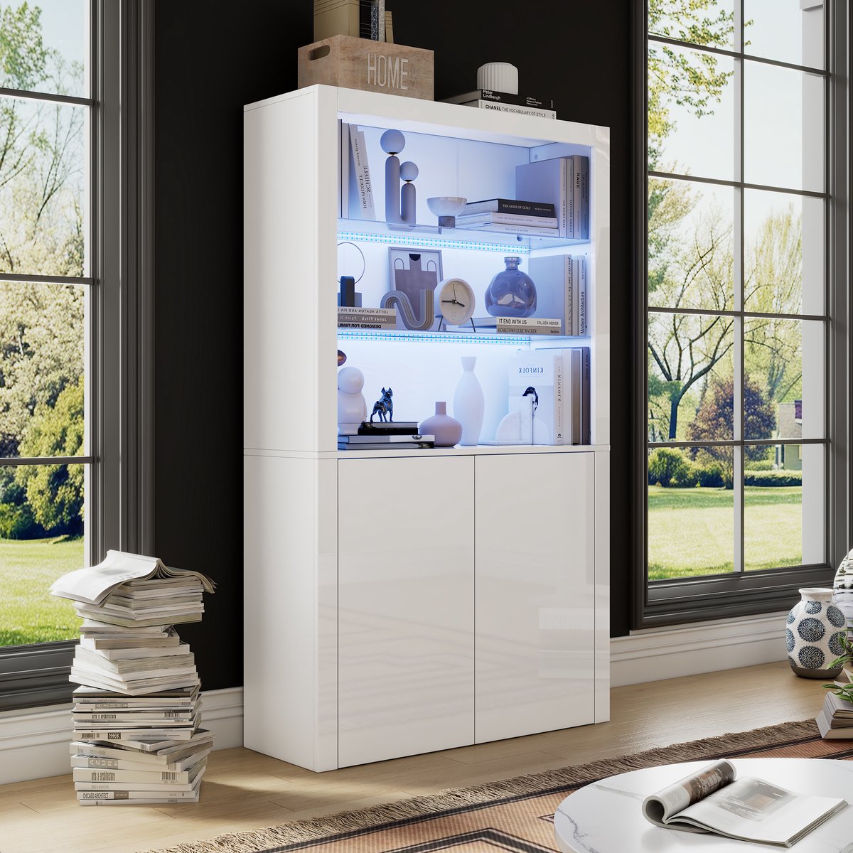 COVREO Vitrinekast 100 x 35 x 170 cm – wit hoogglans, MDF met gehard glas, LED-verlichting