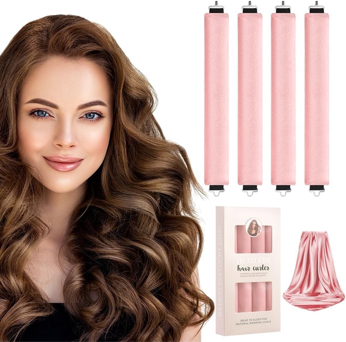 SnelShoppen - Heatless Hair Curlers Set 4 Stuks met Hoofdband en Haar Sjaal - Zachte Krulrollers voor Lang Haar - Perfect voor Nachtgebruik, Roze Styl
