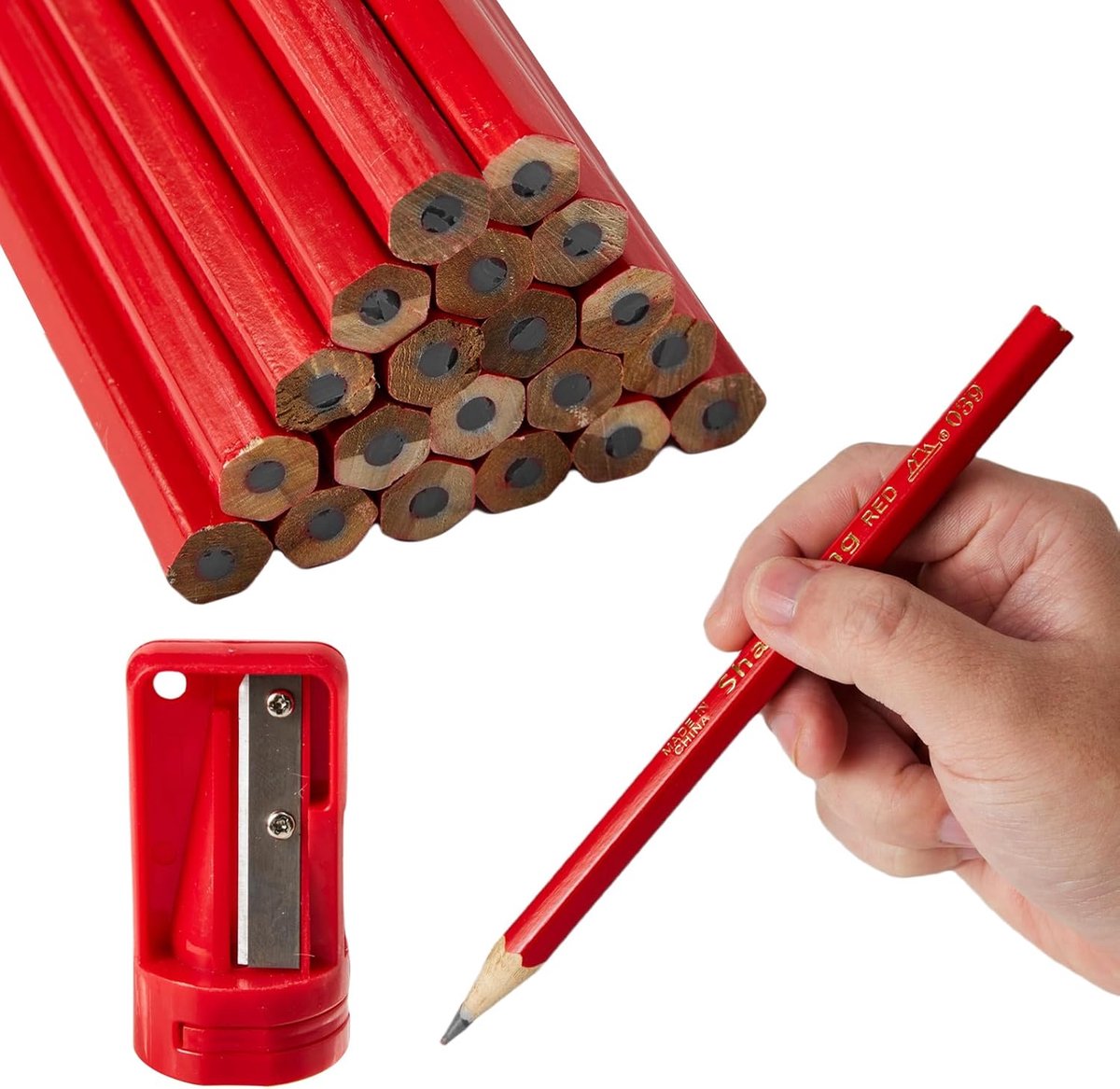 SnelShoppen - 20 Rode Carpentry Pencils - Stevige Houten Bouwpennen voor Markeren en Teken - Ergonomisch Ontwerp met Pencil Sharpener - Ideaal voor Ti