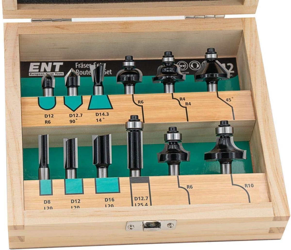 SnelShoppen - 12-delige Frees Cutter Set - HSS - in Houten Koffer - 8 mm Schacht - 9 Verschillende Cutter Categorieën voor Houtbewerking en Profilerin