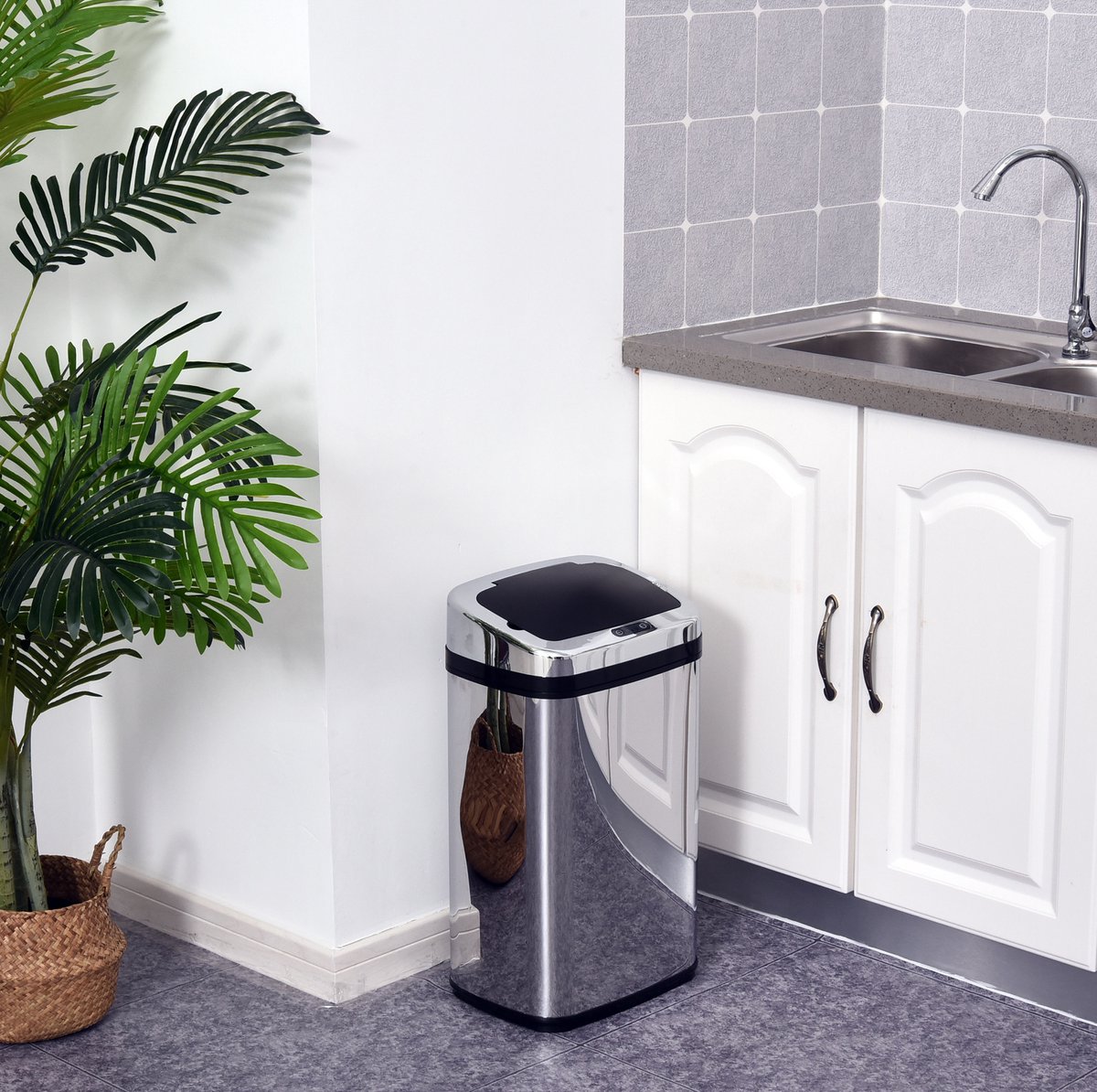COVREO Sensorprullenbak 30 liter 25 x 33 x 58 cm - zilverkleurig, roestvrij staal, automatische deksel