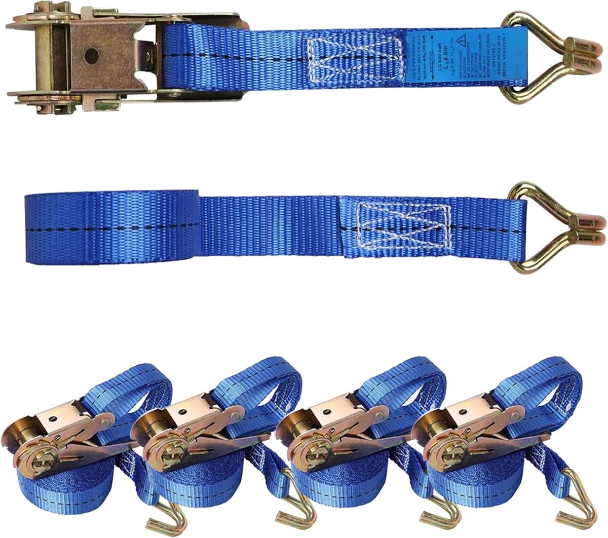 SnelShoppen - Heavy Duty Ratchet Straps met J Haak, 4 x 800kg x 4m, Verstelbare Bevestigingsriemen voor Vrachtwagens, Motoren, Ladingen - Blauw