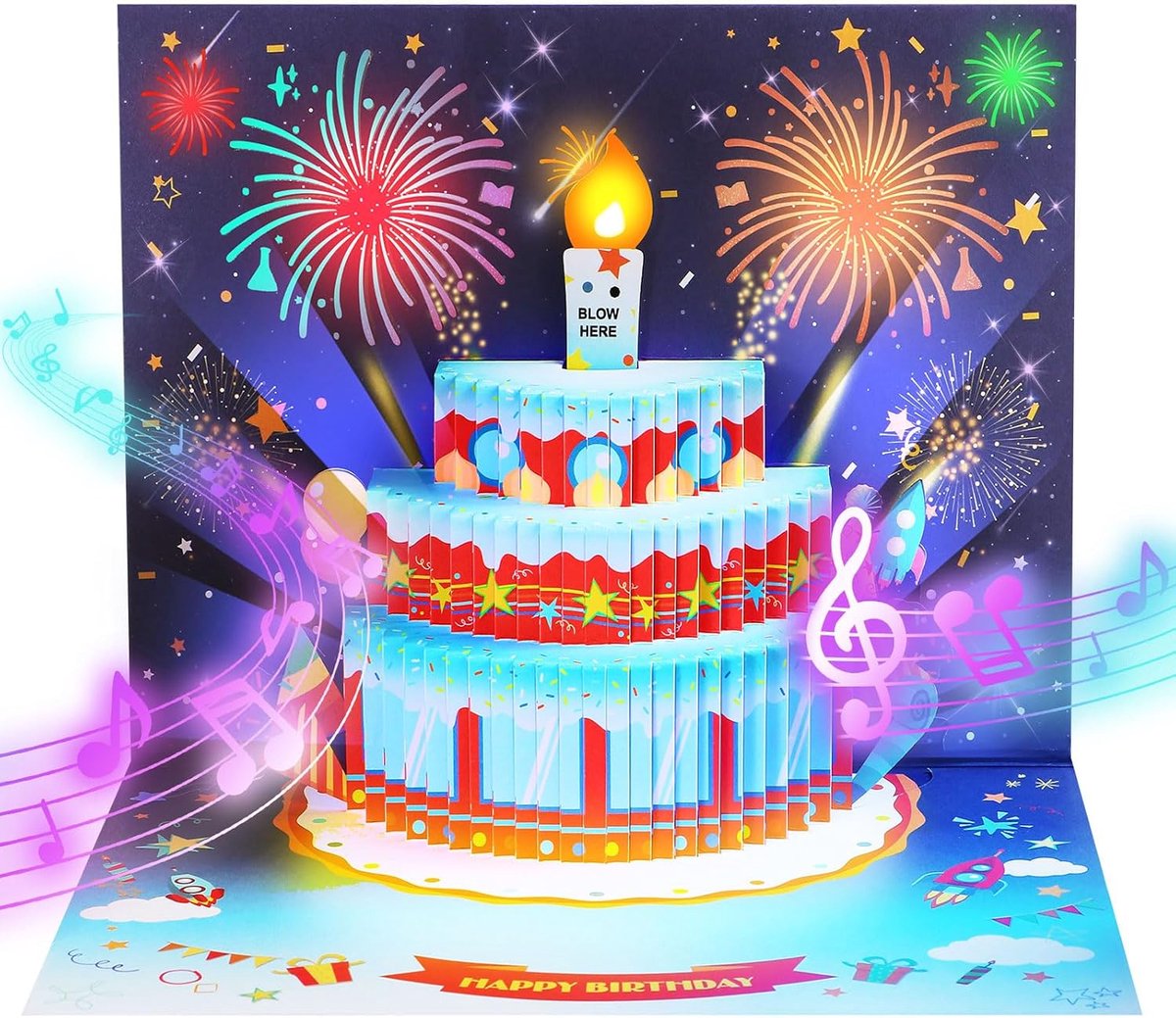 SnelShoppen - Pop-up Verjaardagskaart met Muziek en Licht, 3D Verjaardagskaart voor Vrouwen, Kinderen, Vriendin, Mannen - Raketten Thema, Perfect voor