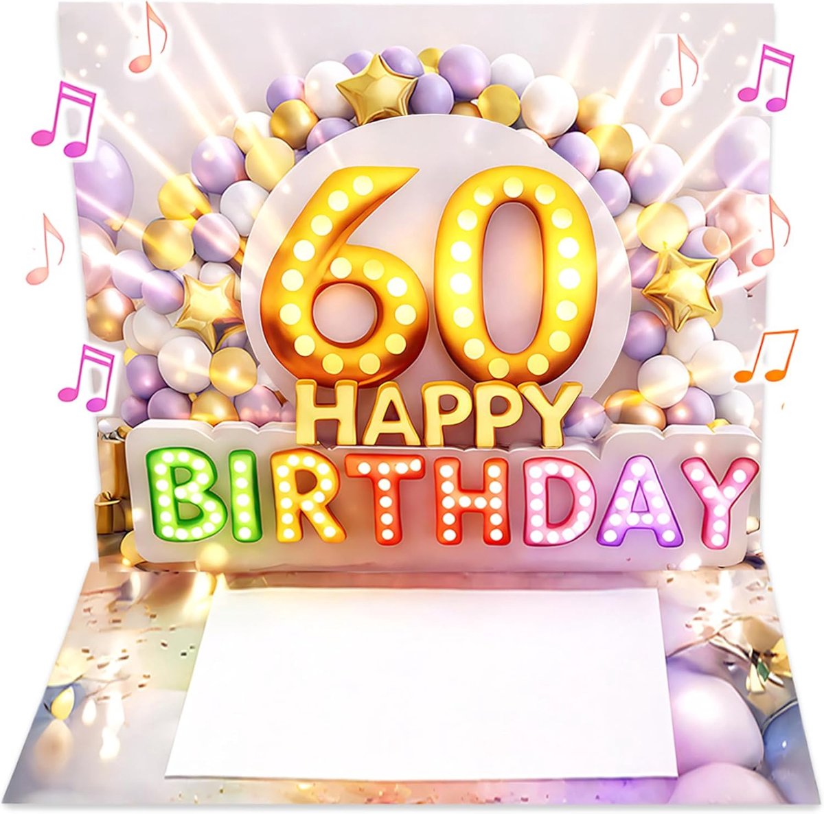 SnelShoppen - 3D Pop Up Verjaardagskaart 60 Jaar Vrouw met Muziek en Licht - Artful Verjaardagskaart met Licht Effect, Inclusief Envelop en Seal Stick