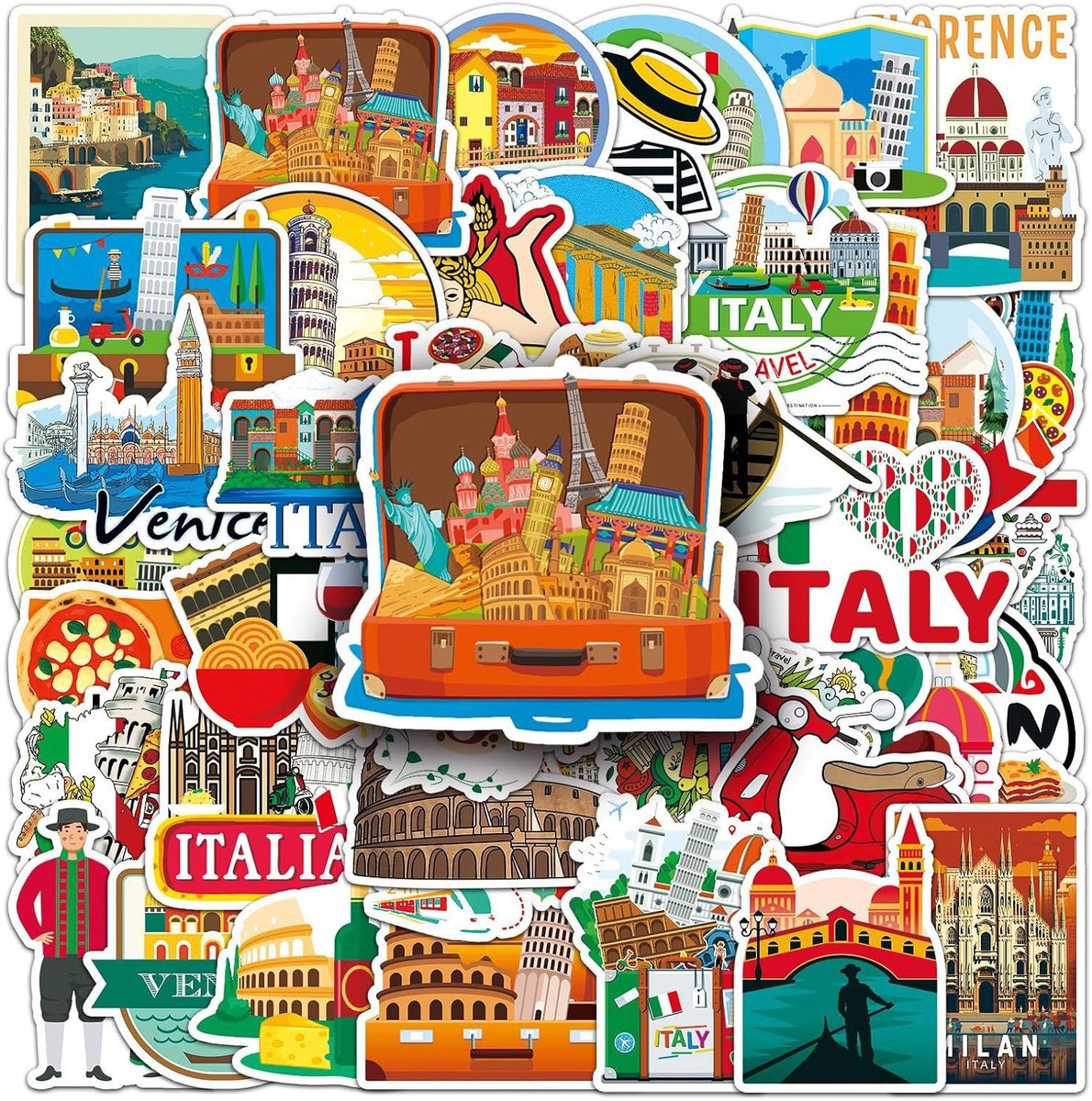 SnelShoppen - 50 Stuks Italiaanse Stickers voor Laptop, Waterflessen, Scrapbook, Auto, Bagage, Gitaar, Fotoalbum, Skateboard, Koffer, Computer, Telefo