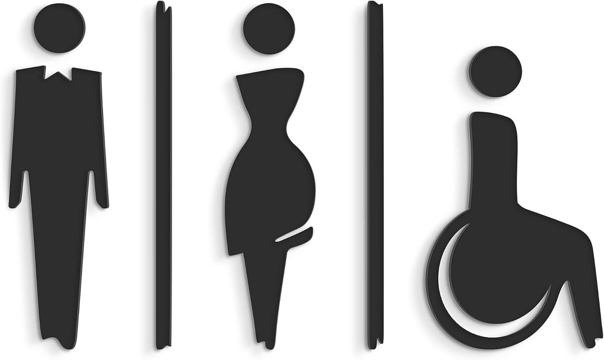 SnelShoppen - Moderne Toiletsignalering Sticker - Zelfklevende Badkamerdeurbordjes - Embossed Design voor Dames, Heren en Rolstoelgebruikers - Zwart A