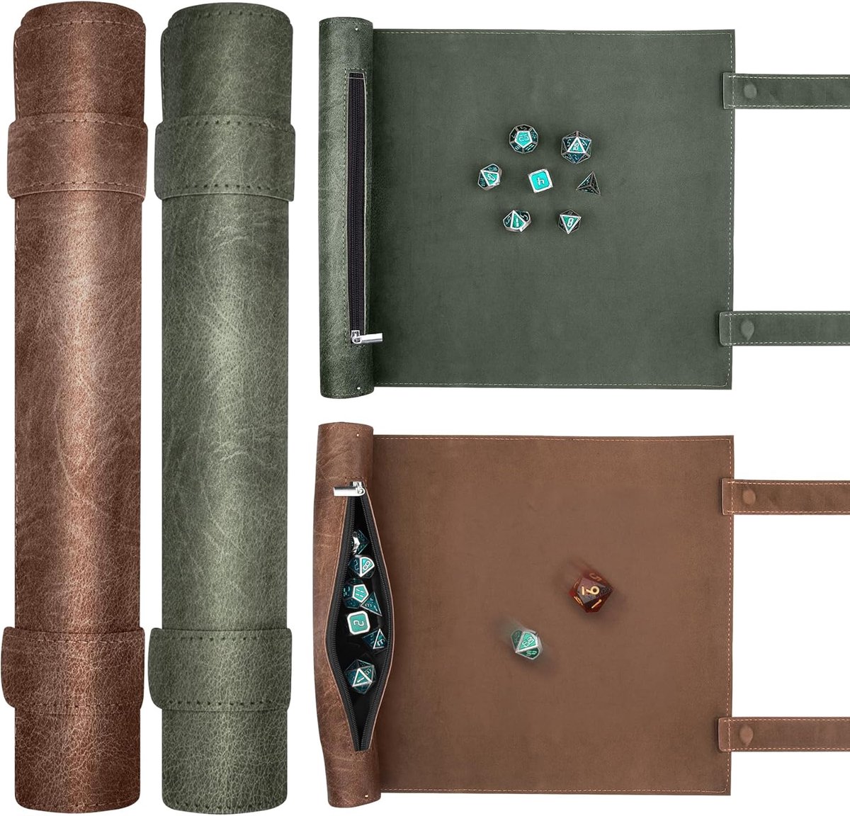 SnelShoppen - 2pcs Dice Mat voor DND RPG - Scroll Style Dobbelsteenmat - Groen en Kameel - Inclusief Dobbelsteenopslag en Draagtas - Ideaal voor Spell