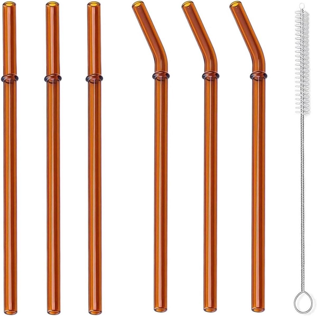 SnelShoppen - 6 Herbruikbare Rietjes Borosilicaatglas met Reinigingsborstel - Hittebestendig, Milieuvriendelijk, Perfect voor Warme en Koude Dranken,
